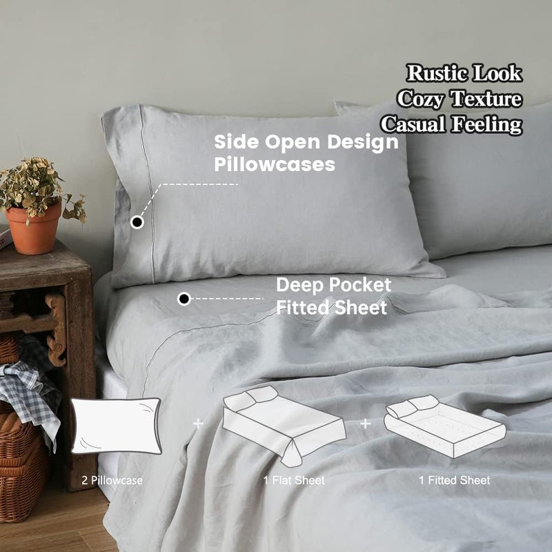 Simple&Opulence 100% Linen Sheet Set with Embroidery Washed - 4 Pieces (1 Flat Sheet & 1 Fitted Sheet & 2 Pillowcases) Natural Flax Soft Bedding Breathable Cozy Farmhouse - Light Grey, Queen Size - Image 4